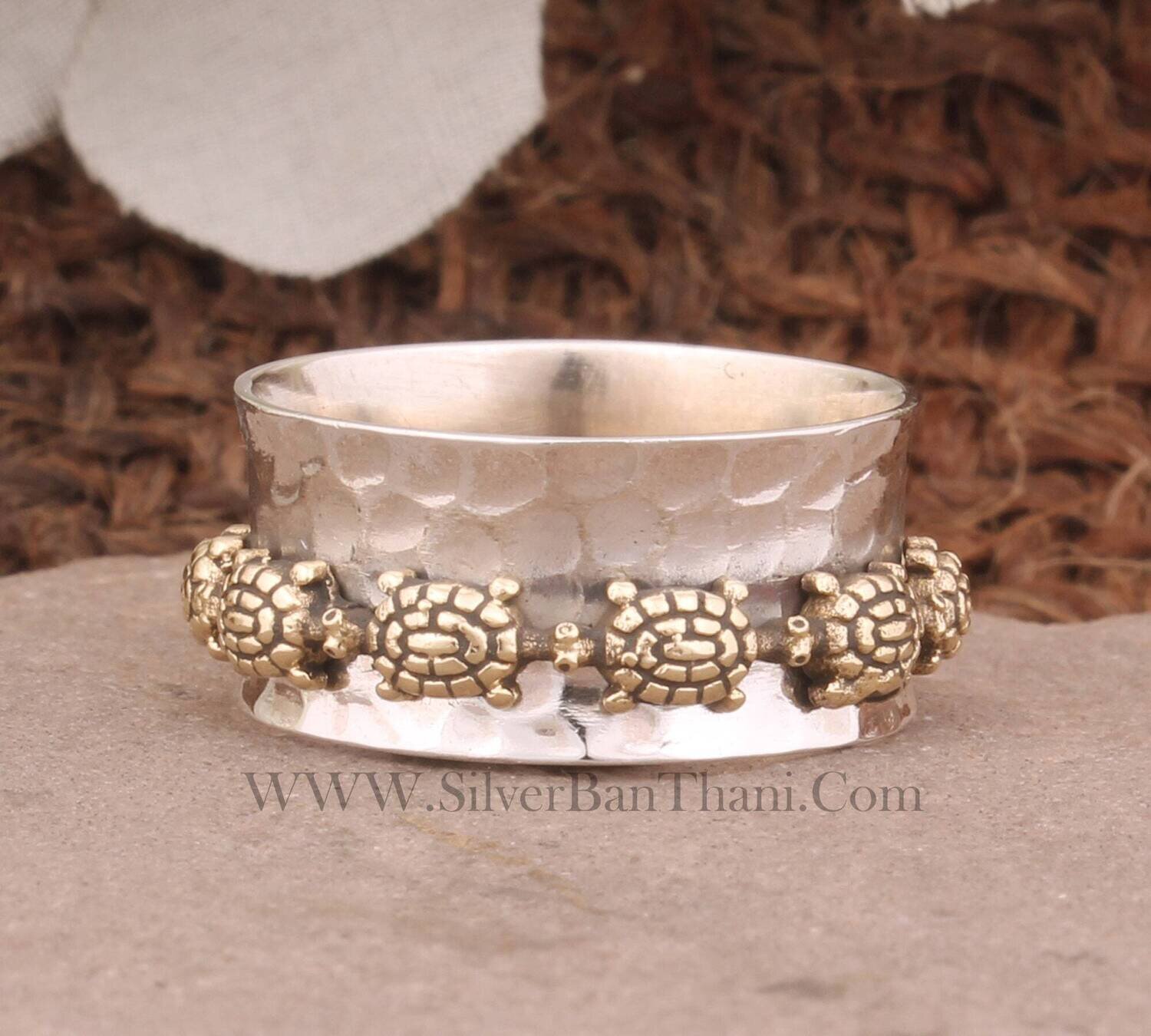 925 Sterling Silver & Brass Turtles Spinner Ring | Designer Handmade Hammered Tortoise Meditation Ring | Women Wedding Jewelry |Gift For Her
