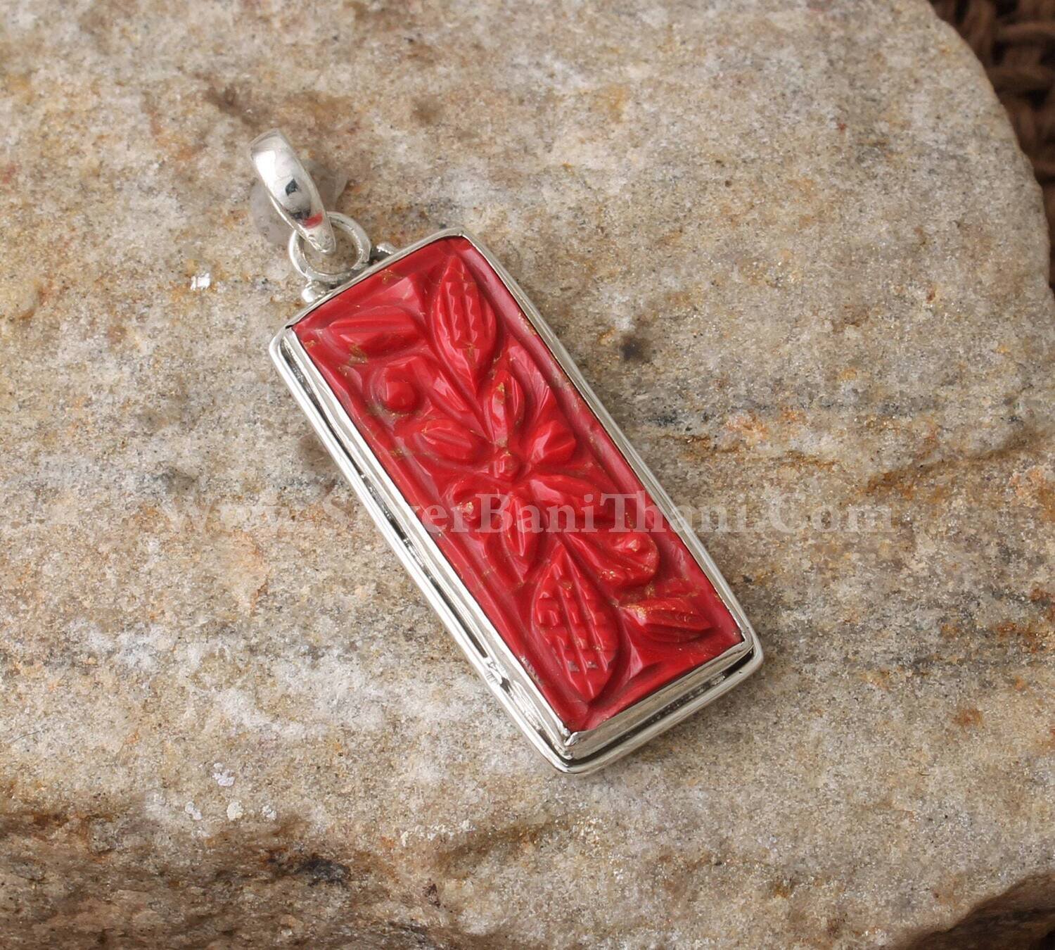 Red Copper Turquoise Gemstone Pendant | 925 Sterling Silver Rectangle Mughal Carving Gemstone Pendant | Designer Hand Carved Flower Pendant