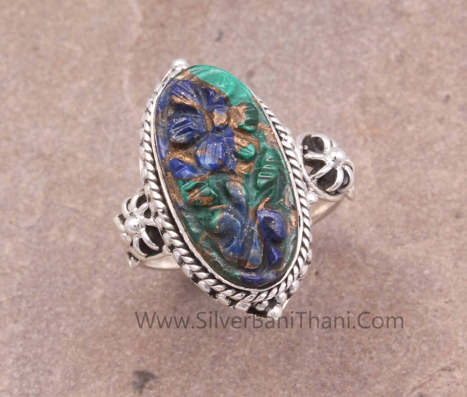 Lapis lazuli &amp; Malachite Copper Gemstone Silver Hand Carved Flower Ring | 925 Sterling Silver Oval Shape Gemstone Ring Handmade Jewelry Gift