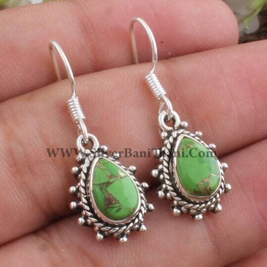 Turquoise Earring-Pear Design Stone Earring-Cabochon Earring-925 Sterling Silver Earring-Mother Gift Earring-Boho Jewelry-Modern-Minimalist