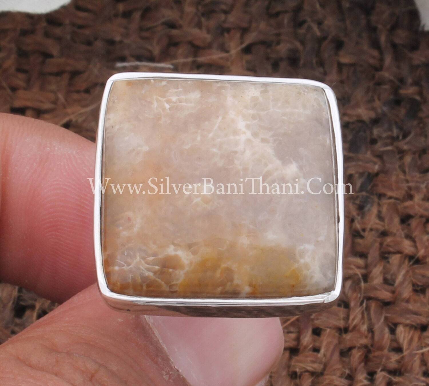 Natural Fossil Coral Ring Sterling Silver Ring Cushion Jasper Gemstone Ring Handmade Silver Bridesmaid Ring Gift for Mother Women's Ring