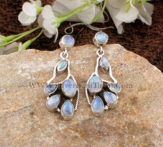 Rainbow Moonstone Silver Earrings | 925 Sterling Solid Silver Earrings | Designer Six Gemstone Earrings | Christmas Gift | June Birthstone