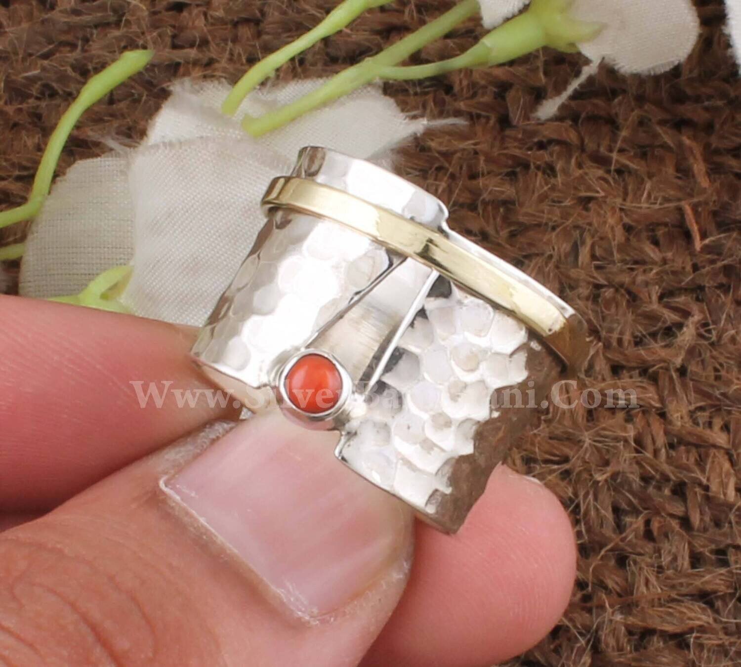 Two Tone Red Coral Gemstone Silver &amp; Brass Spinner Ring | 925 Sterling Silver Round Shape Gemstone Ring | Hammered Silver Band Ring For Gift