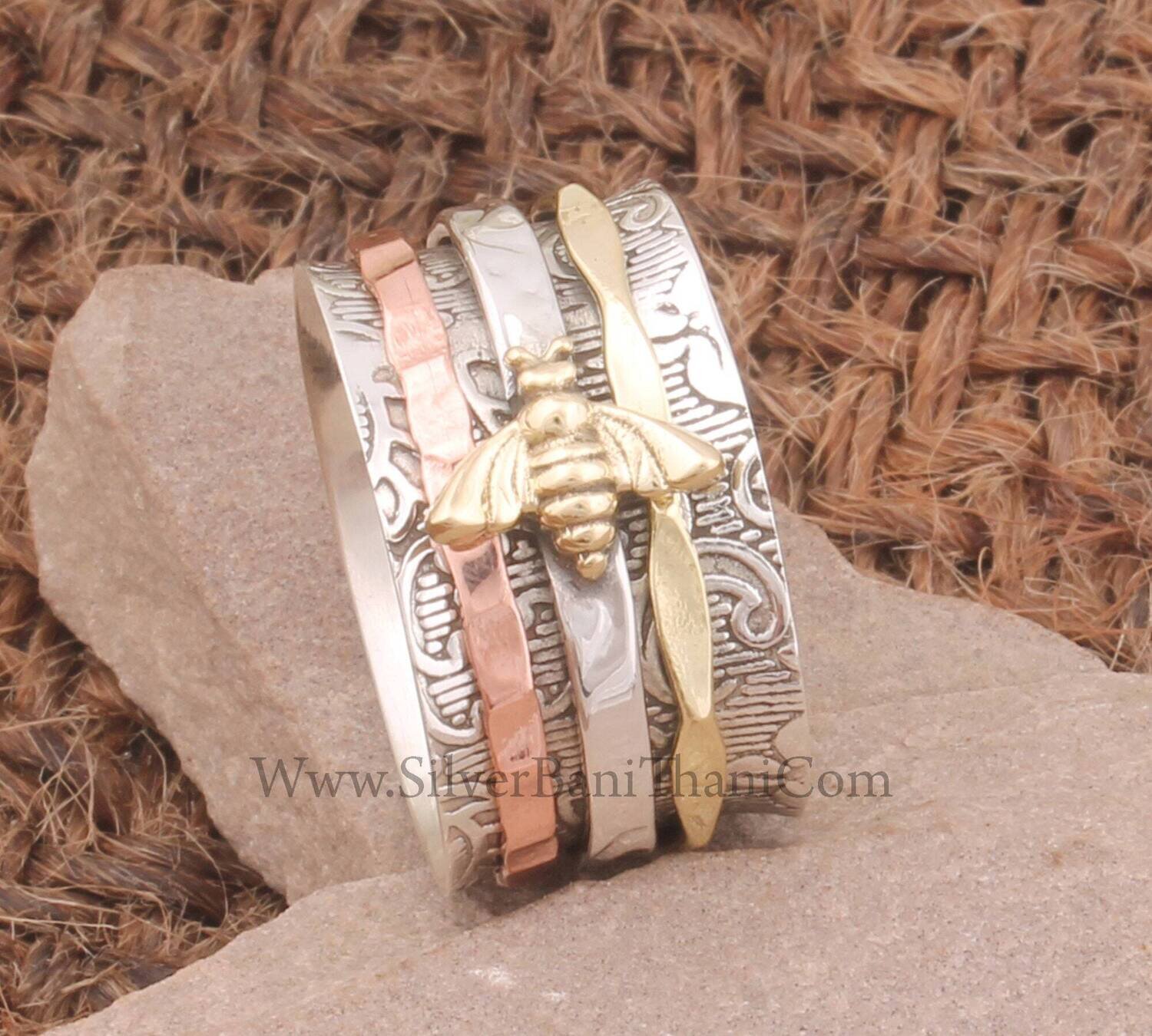 Three Wide Fidget Ring Honey Bee Silver Solid Spinner Ring Solid 925 Sterling Silver Band Ring Boho Worry Ring Three Tone Band Ring For Gift