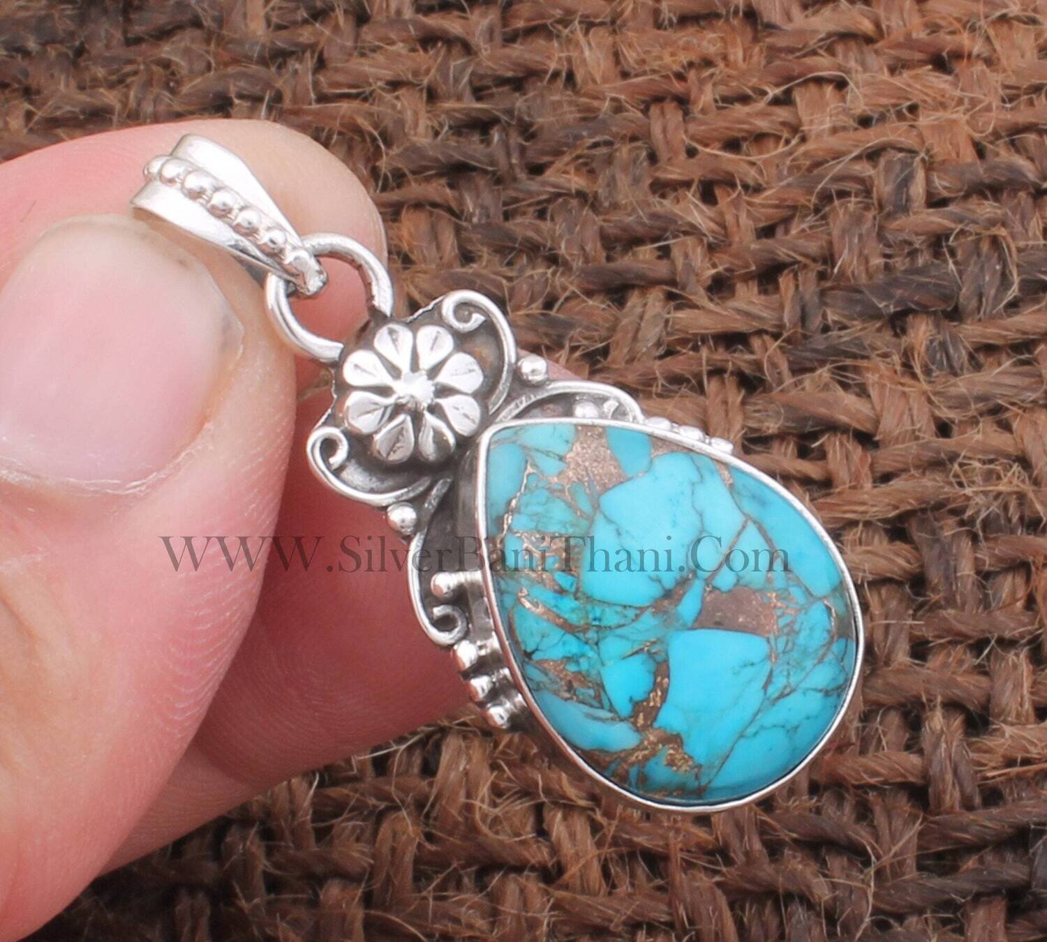 Blue Copper Turquoise Necklace - 925 Sterling Silver Pendant - Designer Antiqued Silver Flower Pendant Necklace - Wedding Jewelry For Women
