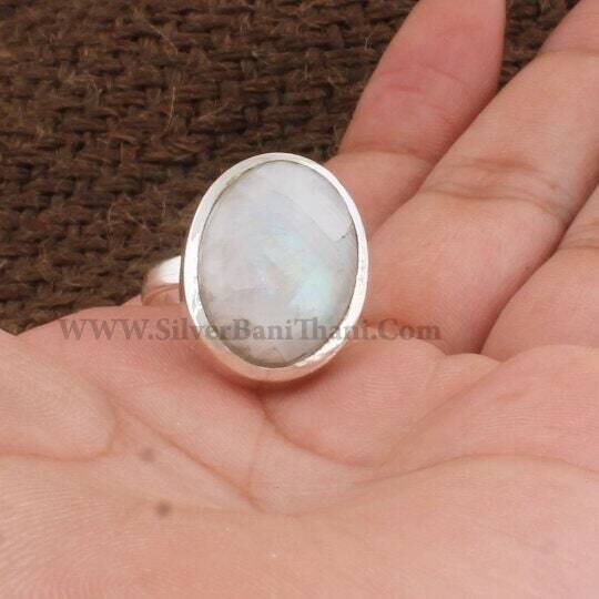 Natural Rainbow Moonstone Ring, White Stone Ring, Sterling Silver Ring, Ring For Women,Jewelry-Healing Stones, Anniversary Gift For Wife,