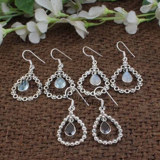 Teardrop Earrings 925 Sterling Solid Silver Earrings,Antique Silver Earrings,Gift Item Earrings,Semi Precious Stone Earrings Boho Earrings