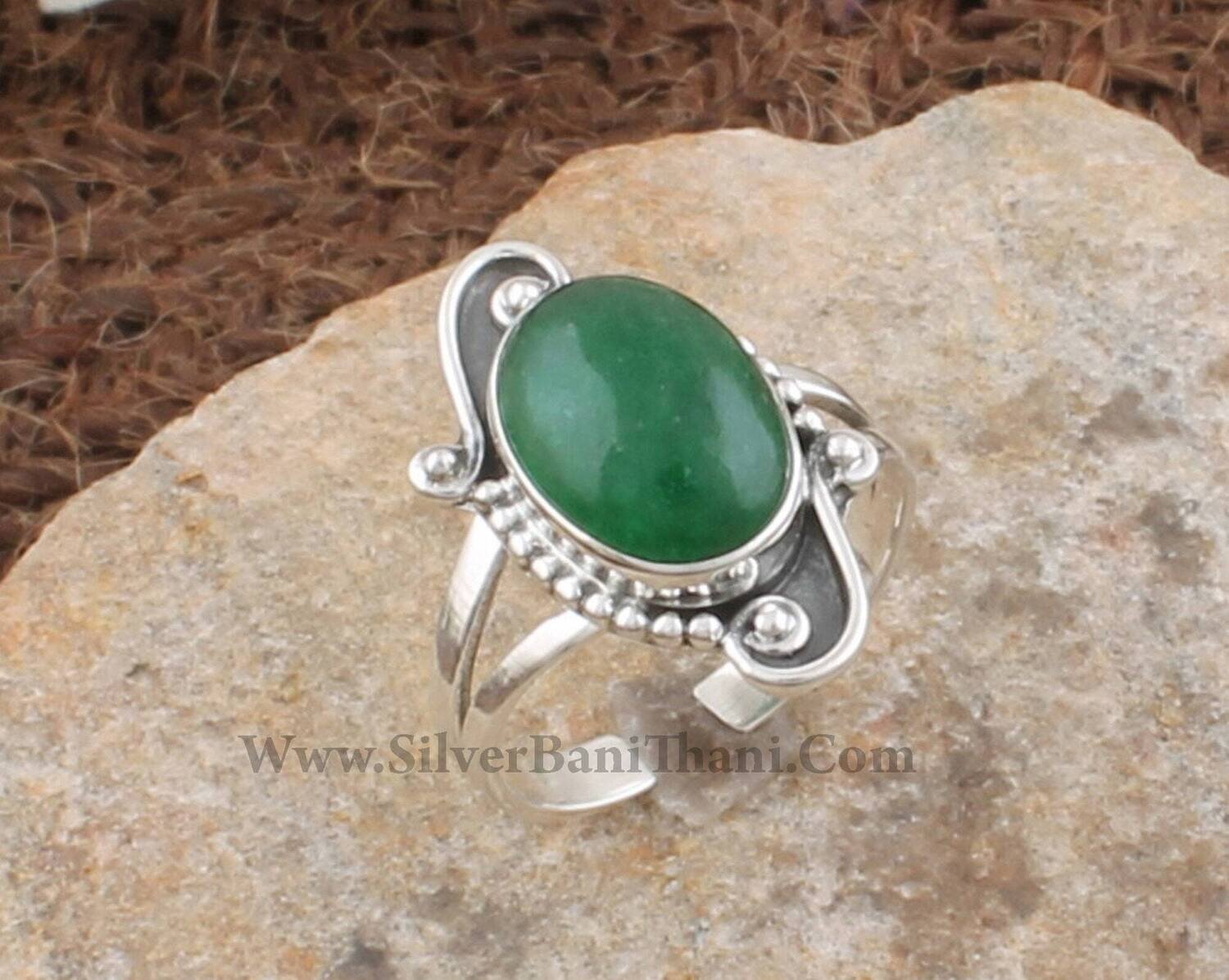 Green Jade Oval Shape Gemstone Silver Ring | 925 Sterling Solid Boho Carved Silver Ring | Designer Handmade Women Wedding Jewelry Ring Gift