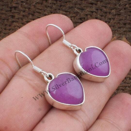 Solid Silver Earring- Purple Jade Earring- Heart Stone Earring 925 Sterling Silver Earring- Purple Jade Semi Precious Stone Bride Earring