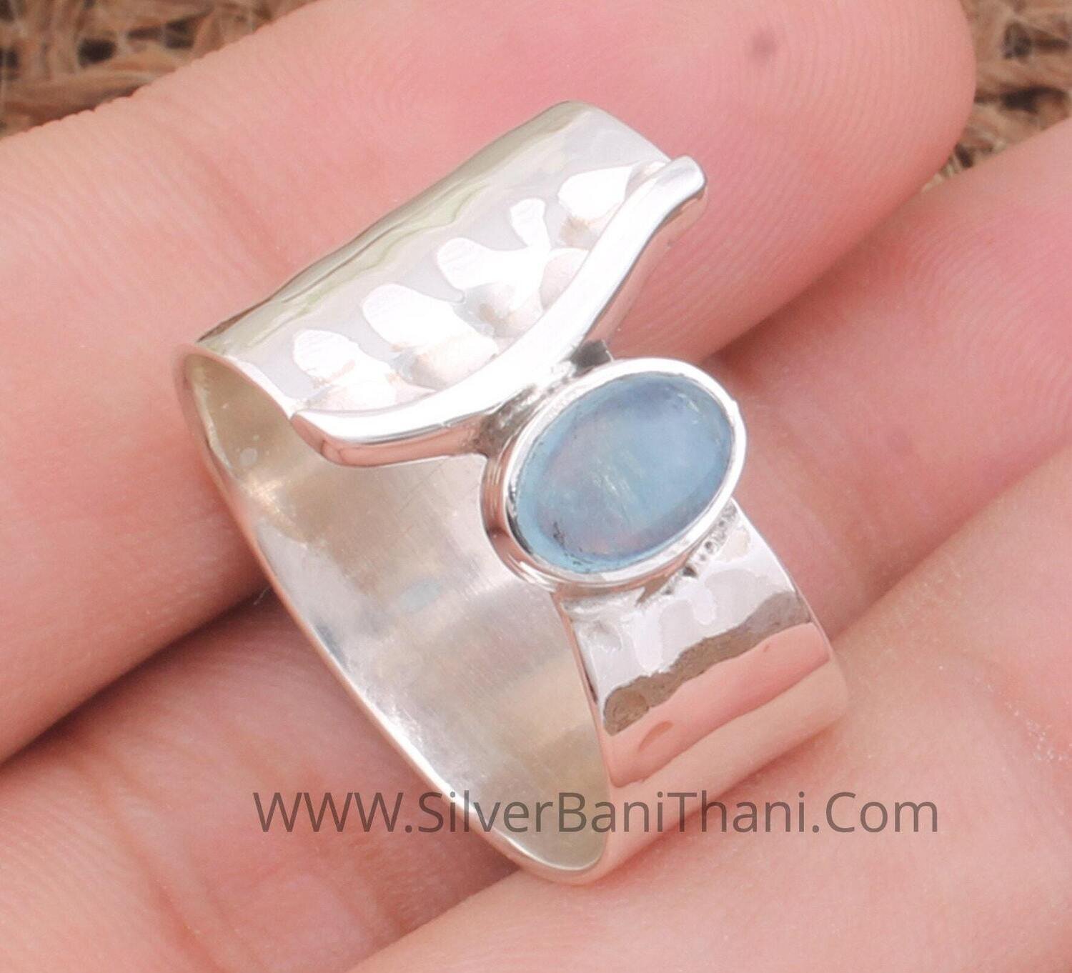 Aquamarine Solid 925 Sterling Silver Ring For Women | Handmade Aquamarine Oval Silver Fancy Hammered Band Ring For Anniversary Gifts