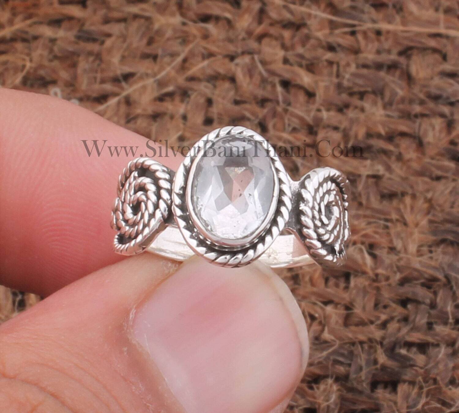 Spiral Twisted Design Ring |  Crystal Quartz Gemstone Silver Ring | 925 Sterling Solid Silver Faceted Cut Oval Shape Stone Ring Gift