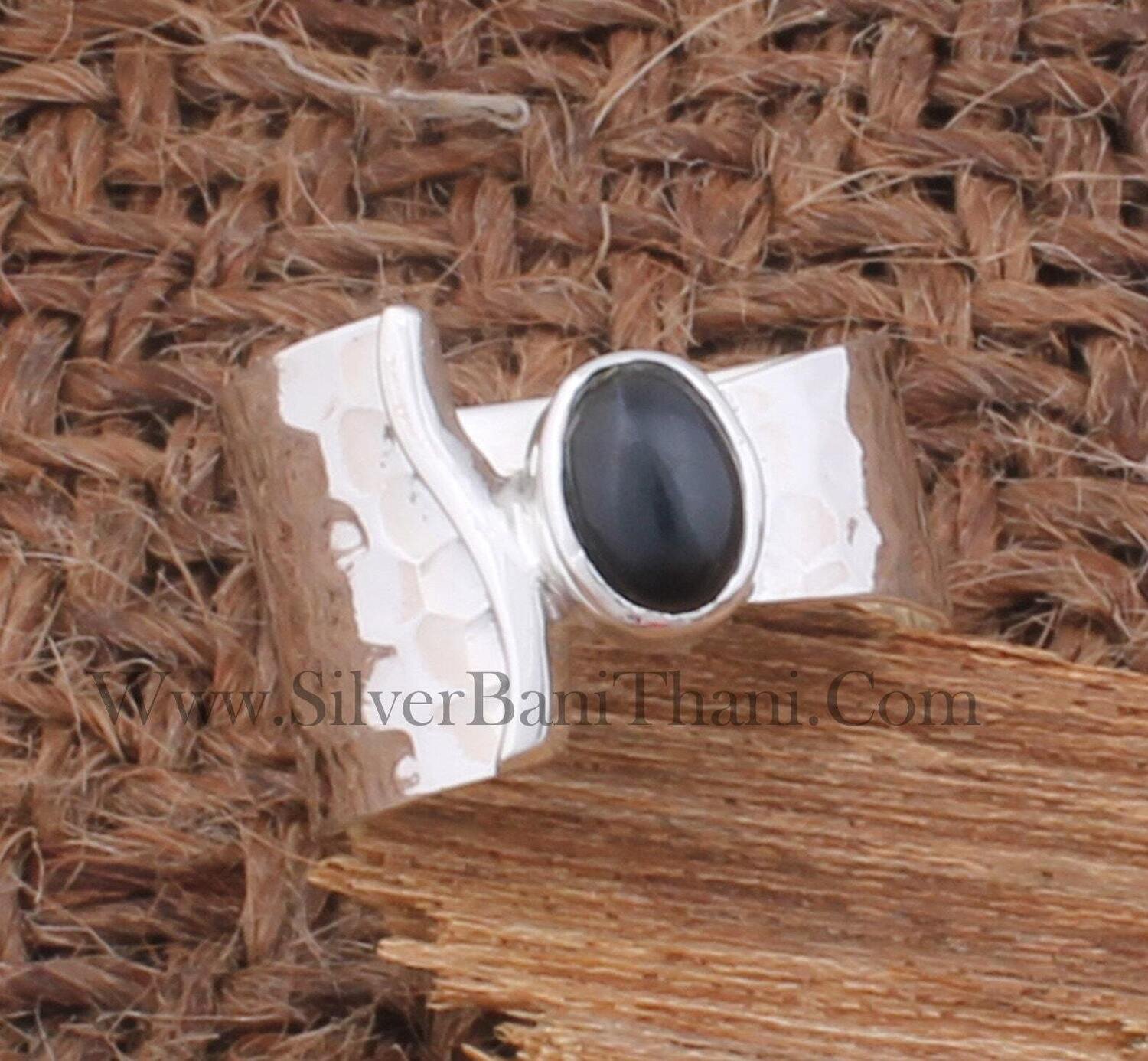 Beautiful Black Onyx Solid 925 Sterling Silver Ring For Women | Handmade Oval Solid Silver Fancy Hammered Band Ring For Anniversary Gift Idea