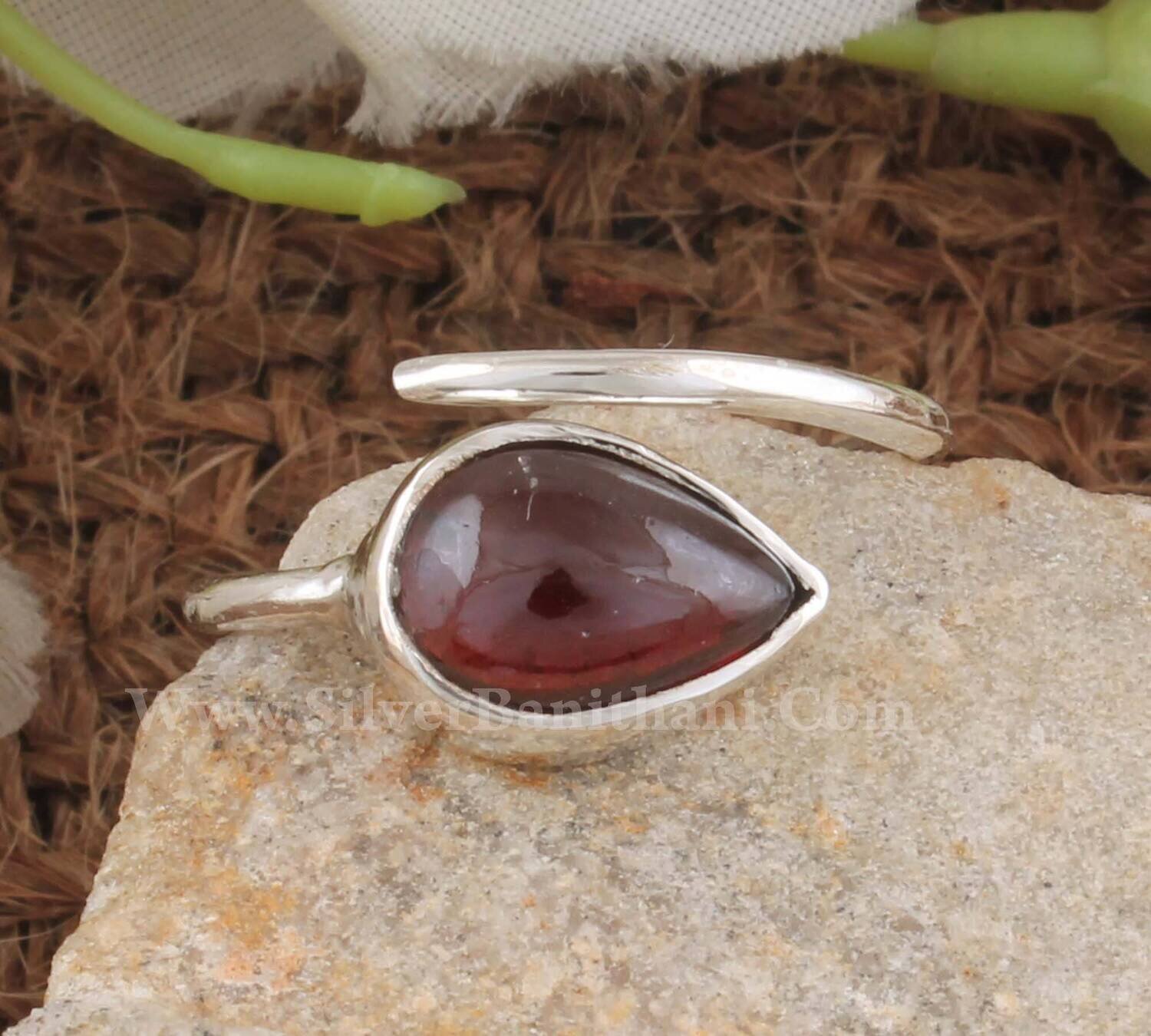 Red Garnet Gemstone Solid 925 Sterling Silver Smooth Pear Gemstone Ring | Handmade Adjustable Silver Ring | Silver Women Gift Ring
