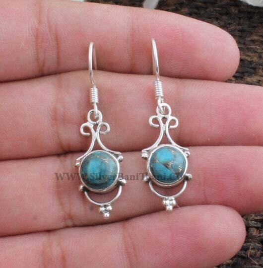 Blue Copper Turquoise Gemstone Earring-Solid Silver Earring-Floral Design Silver Earring-Oval Stone Earring-Women Gift Earring-Boho-Rustic