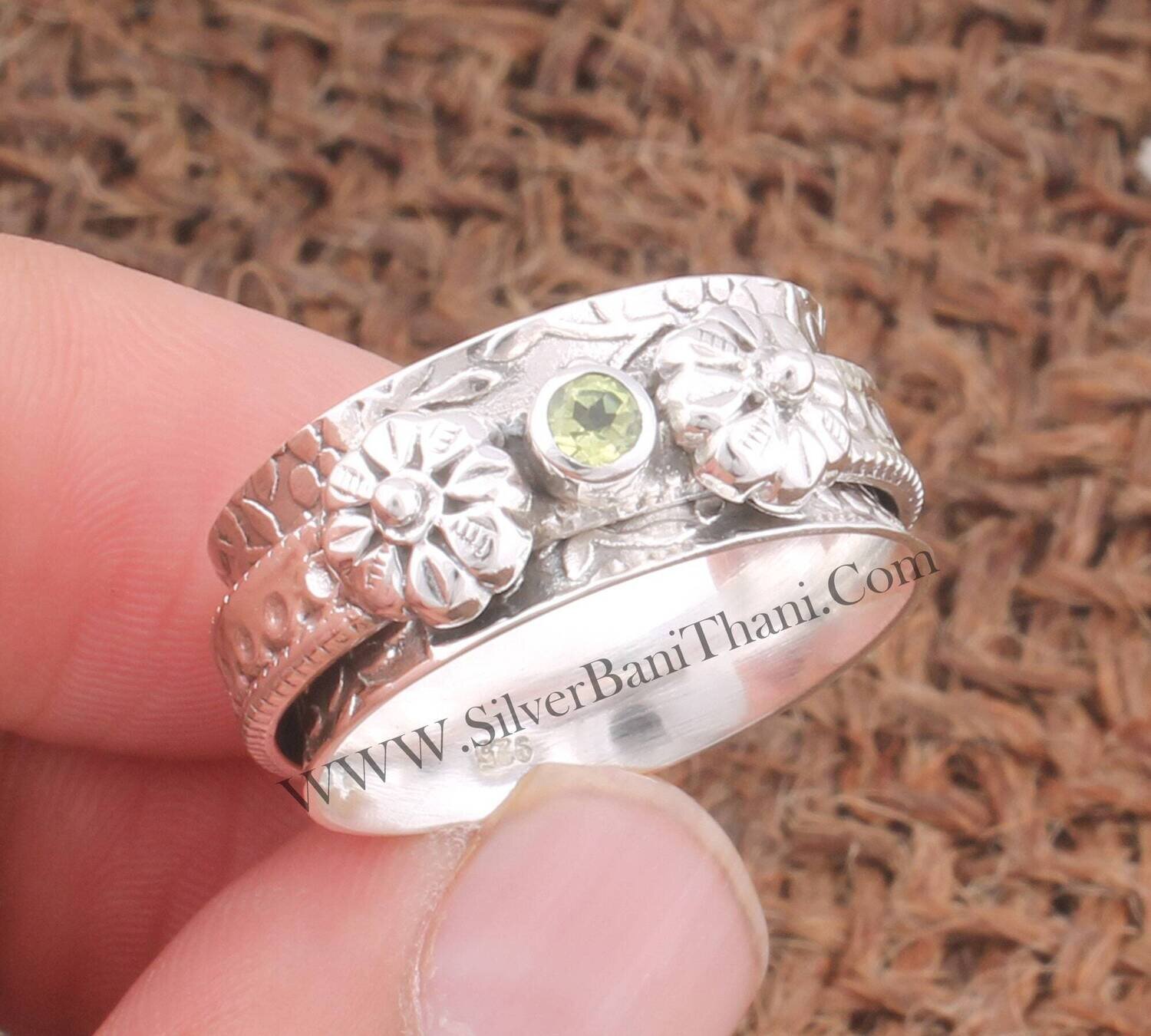 Peridot Two Silver Flowers Silver Spinner Ring | 925 Sterling Silver Faceted Peridot Spinner Ring Handmade Boho Worry Ring Mood Fidget Ring