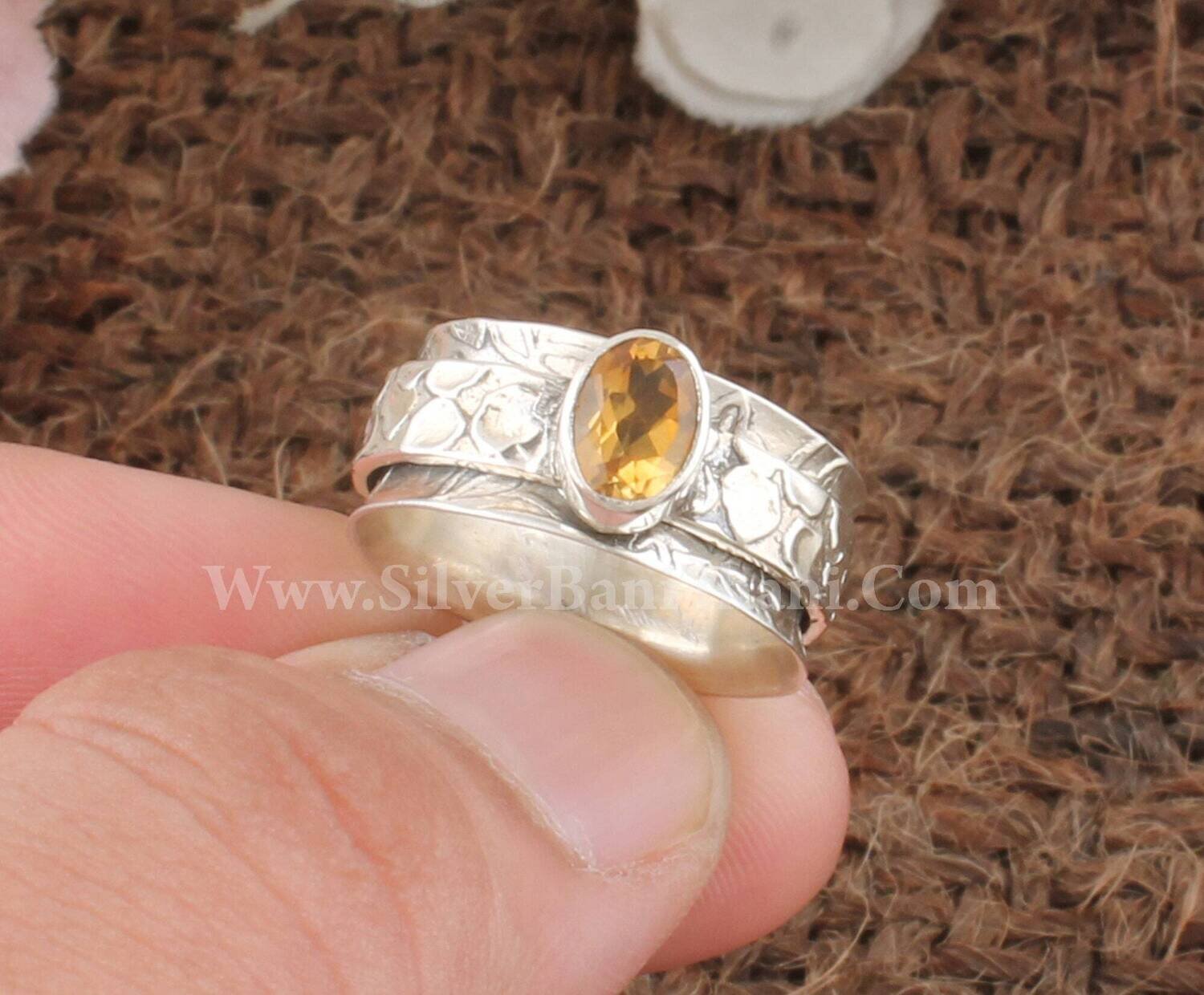 Citrine Silver Spinner Ring | 925 Sterling Silver Faceted Cut Citrine Spinner Ring | Designer Hand Carved Spinner Ring Gift For Her