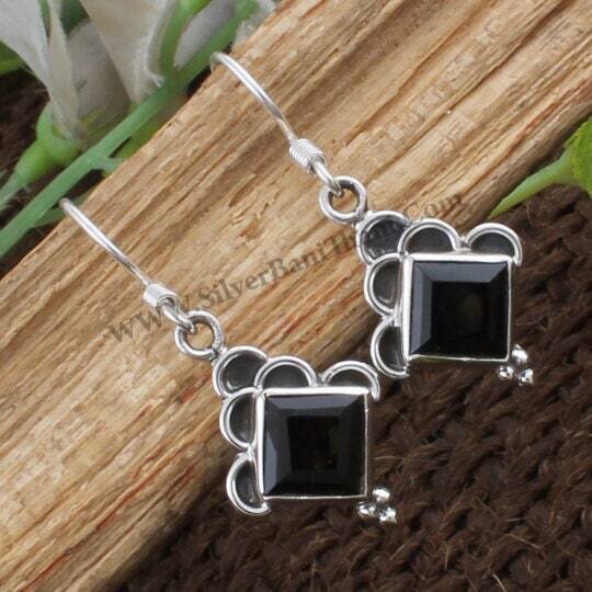 Black Onyx Gemstone Silver Earring | Solid 925 Sterling Silver Squire Stone Earrings | Designer Handmade Women Jewelry | Boho Earring | Gift