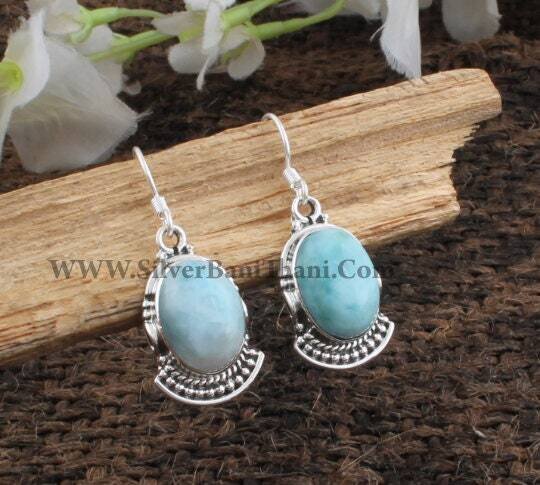 Larimar Earring-Semi Precious Cabochon Stone Earring-925 Sterling Silver Earring-Designer Silver Earring-Boho Jewelry-Birthday Gift Item2022