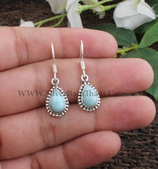 Larimar Silver Gemstone Earrings | 925 Sterling Silver Earring | Designer Pear Gemstone Earrings | Women Wedding Jewelry | Gift Idea