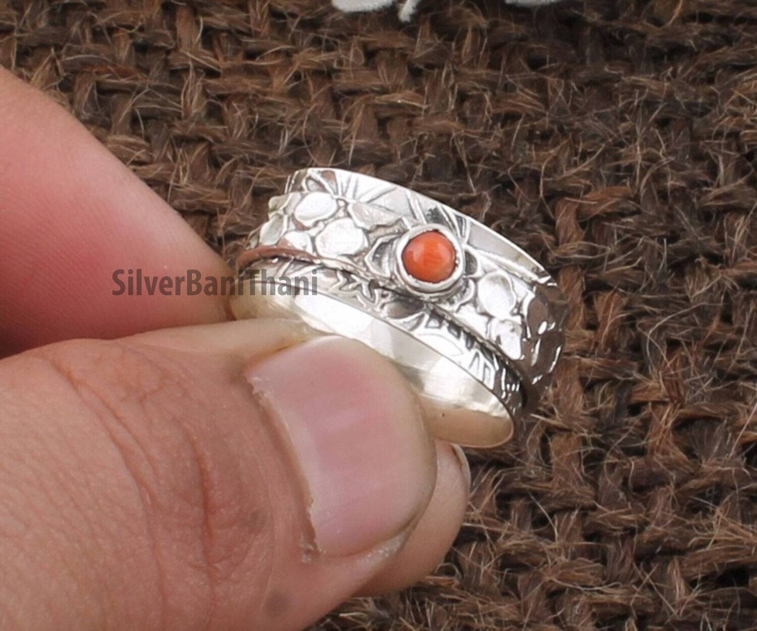 Designer Carved Silver Coral Spinner Ring | 925 Sterling Silver Handmade Gemstone Meditation Ring | Women Jewelry |Valentine's Day Gift idea