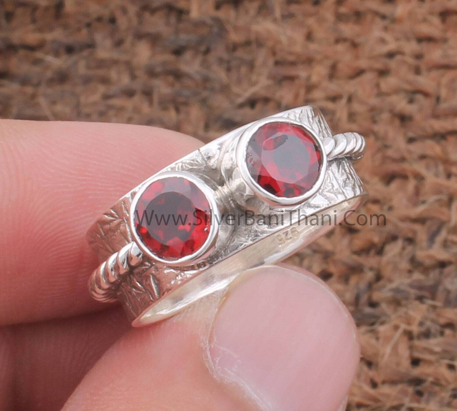 Red Garnet Solid 925 Sterling Silver Ring For Women | Engraved Carved Band Ring | Handmade Two Round Cut Gemstone Ring For Anniversary Gifts