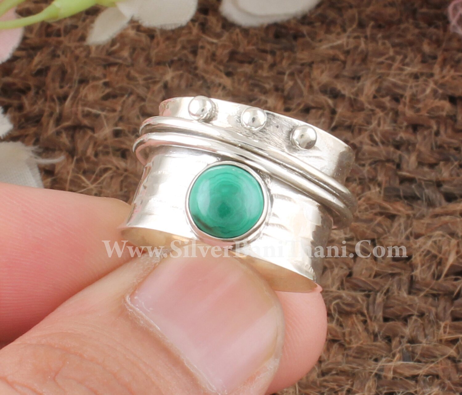 Malachite Gemstone Silver Spinner Ring | 925 Sterling Silver Spin Ring | Malachite Spin Ring l Hand Carved Silver Ring l Bridal Jewelry Gift