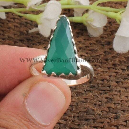 Green Onyx Gemstone Ring | 925 Sterling Silver Triangle Shape Faceted Cut Stone Ring | Designer Handmade Earring | Wedding Jewelry Gift Idea