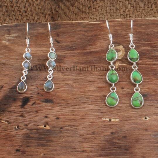 Green Copper Turquoise &amp; Labradorite Gemstone Silver Earrings | 925 Sterling Silver Stone Earrings | Designer Handmade Jewelry | Women Gift