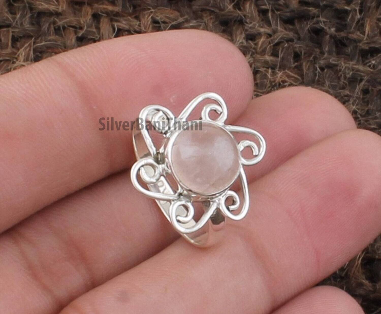 Boho Silver Flower Rose Quartz Ring | 925 Sterling Silver Ring | Smooth Round Gemstone Designer Silver Ring | Valentine's Day Gift For Her
