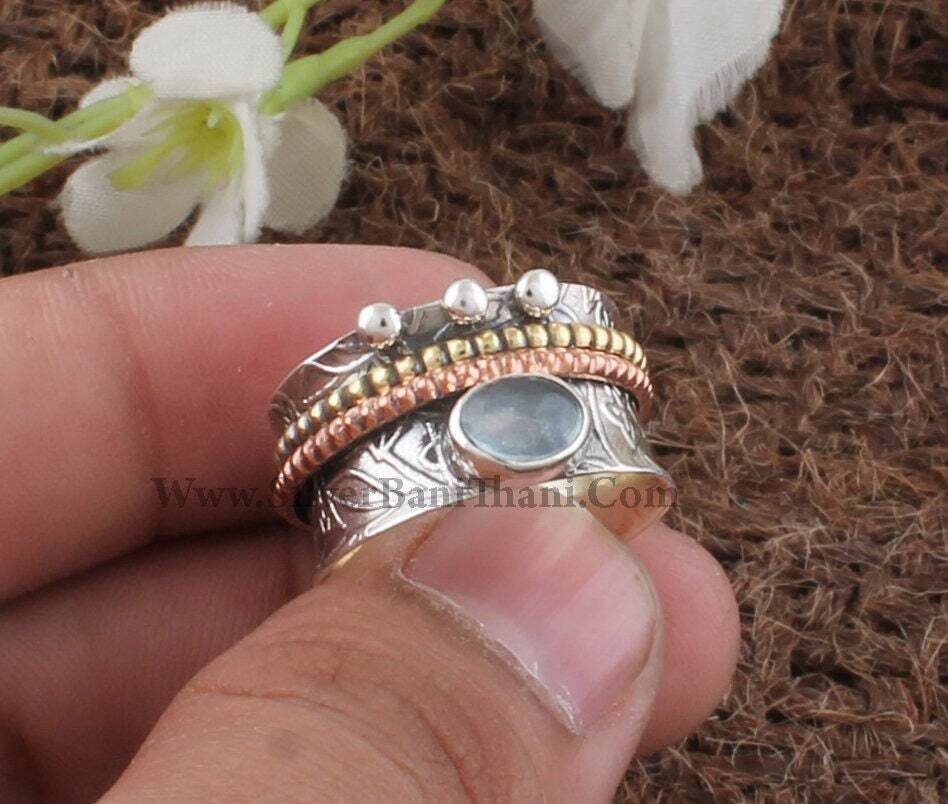 Natural Aquamarine Gemstone Spinner Ring | 925 Sterling Silver Oval Shape Stone Ring | Handmade Three Tone Spin Ring Present For Women Gift
