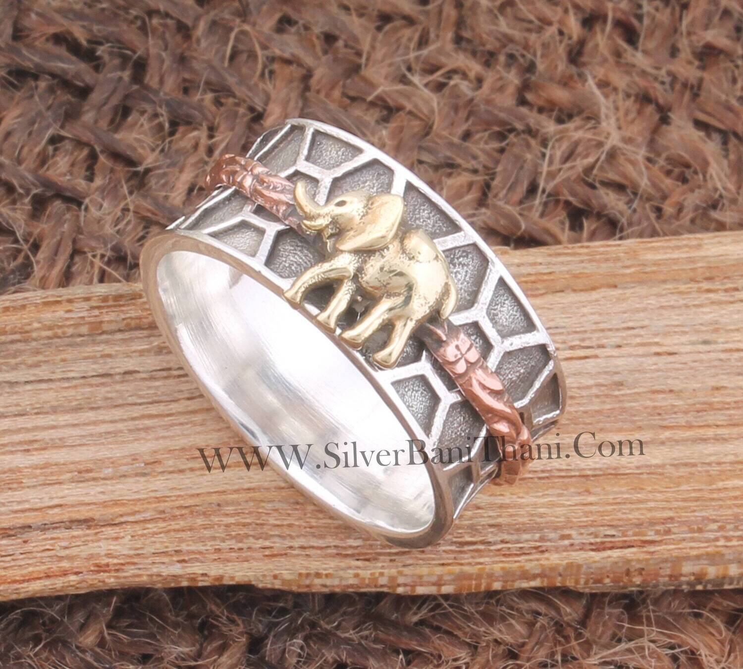 925 Sterling Silver &amp; Brass Elephant Spinner Ring Designer Hand Carved Meditation Ring Wide Band Ring Boho Jewelry Women Ring Gift For Her