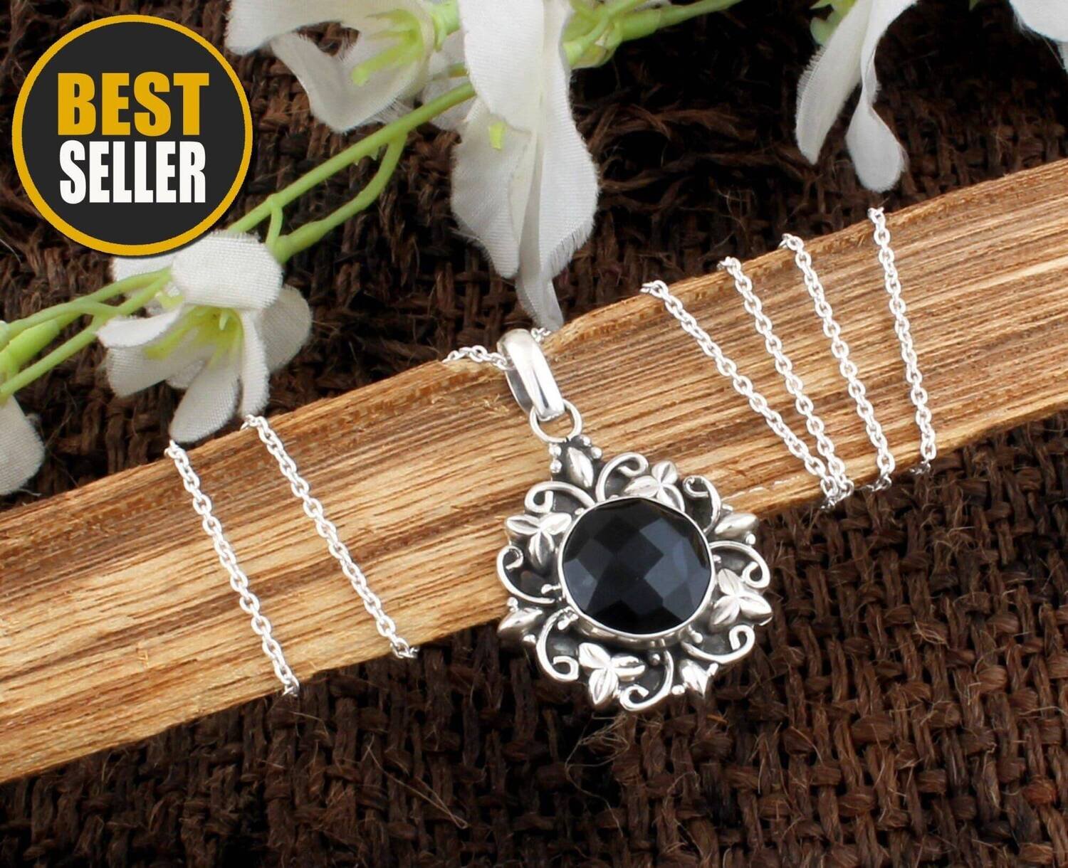 Black Onyx Gemstone Necklace Pendant | 925 Sterling Silver Necklace Round Shape Cut stone Pendant | Designer Handmade Wedding Jewelry | Anniversary Gifts Idea