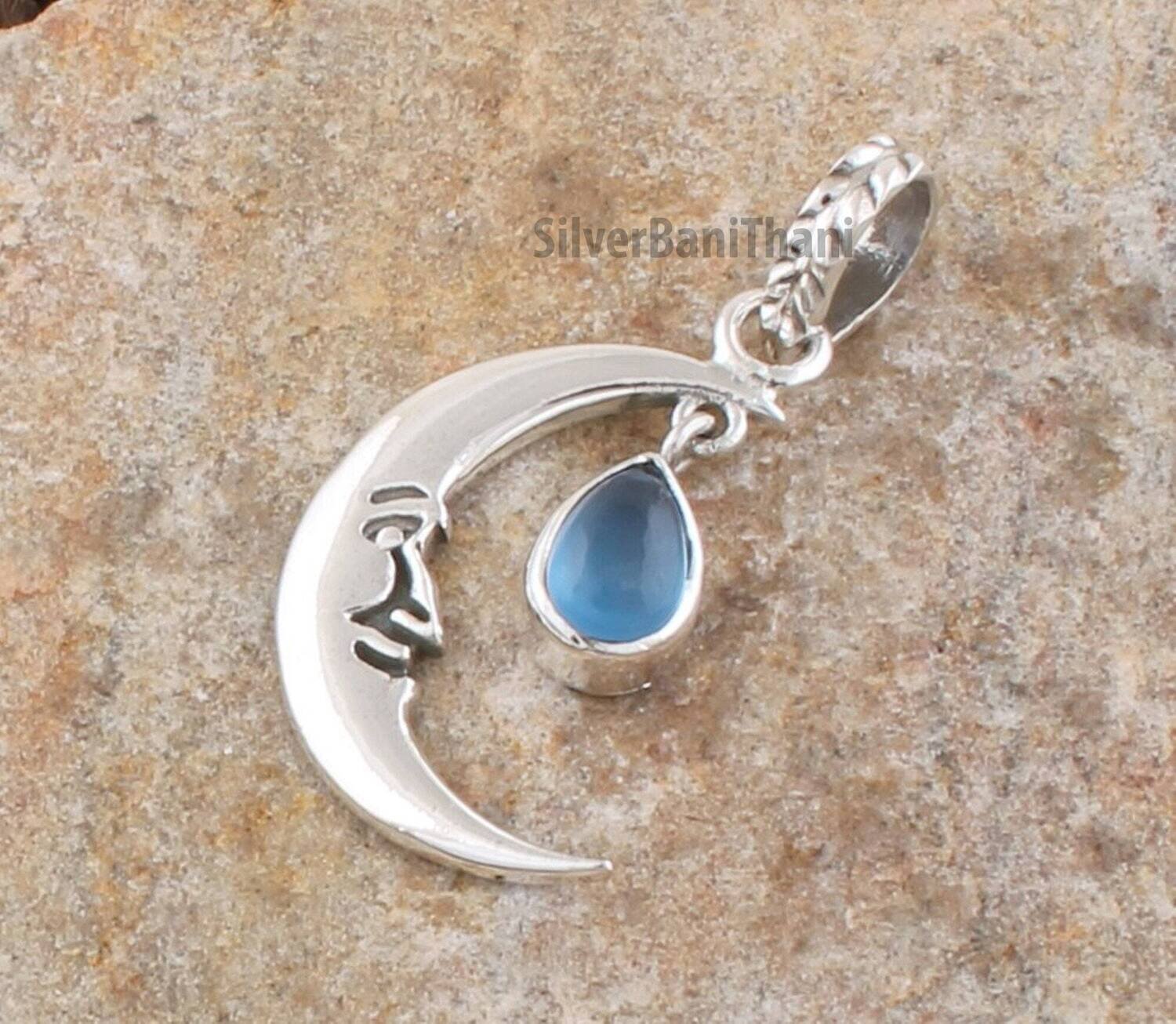 Carved Silver Crescent Moon Face Blue Topaz Necklace Pendant | Handmade 925 Sterling Silver Gemstone Pendant | Valentine's Day Gift Jewelry
