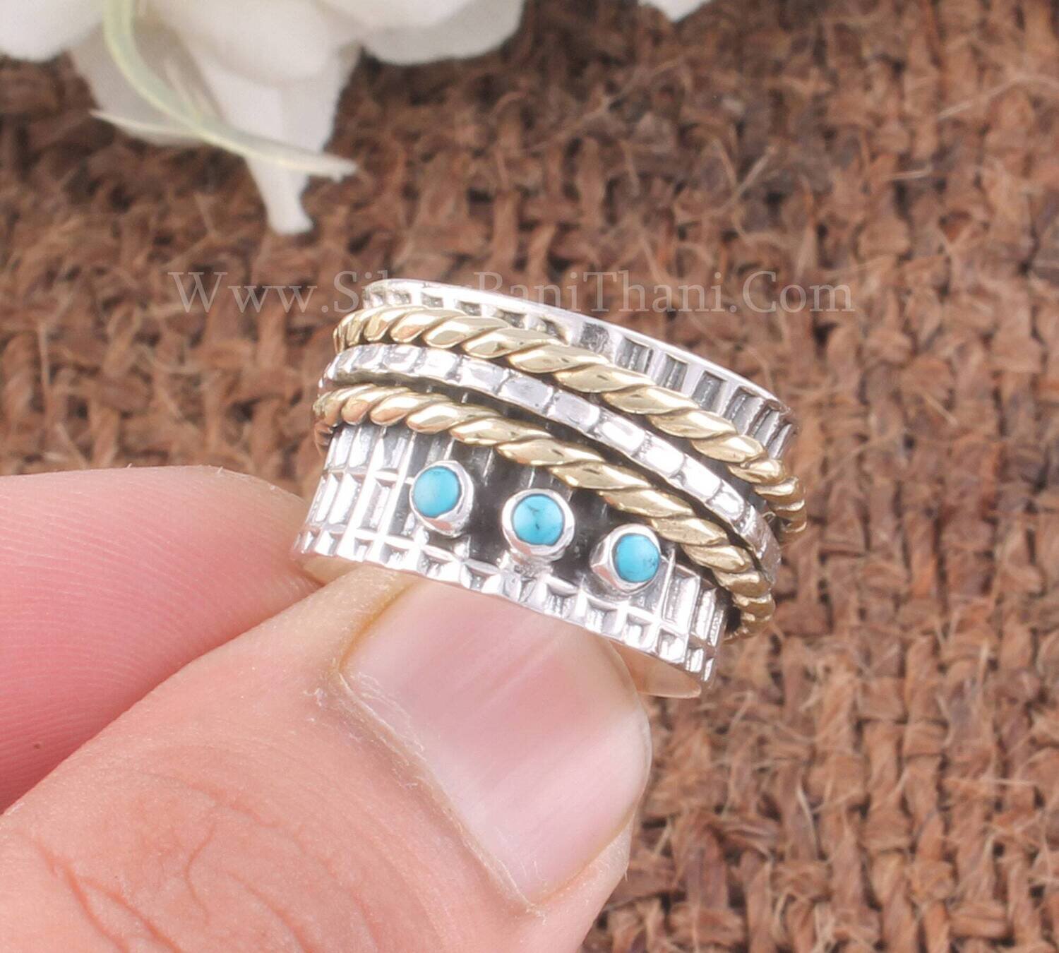 Designer Hand Carved Silver Turquoise Spinner Ring | 925 Sterling Silver Handmade Gemstone Meditation Ring | Two Tone Spinner Ring For Women