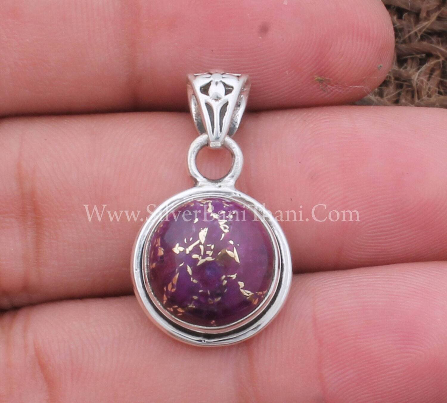 Purple Copper Turquoise Solid 925 Sterling Silver Necklace Pendant For Women Handmade Silver Round Gemstone Pendant Gifts For Her Birthday