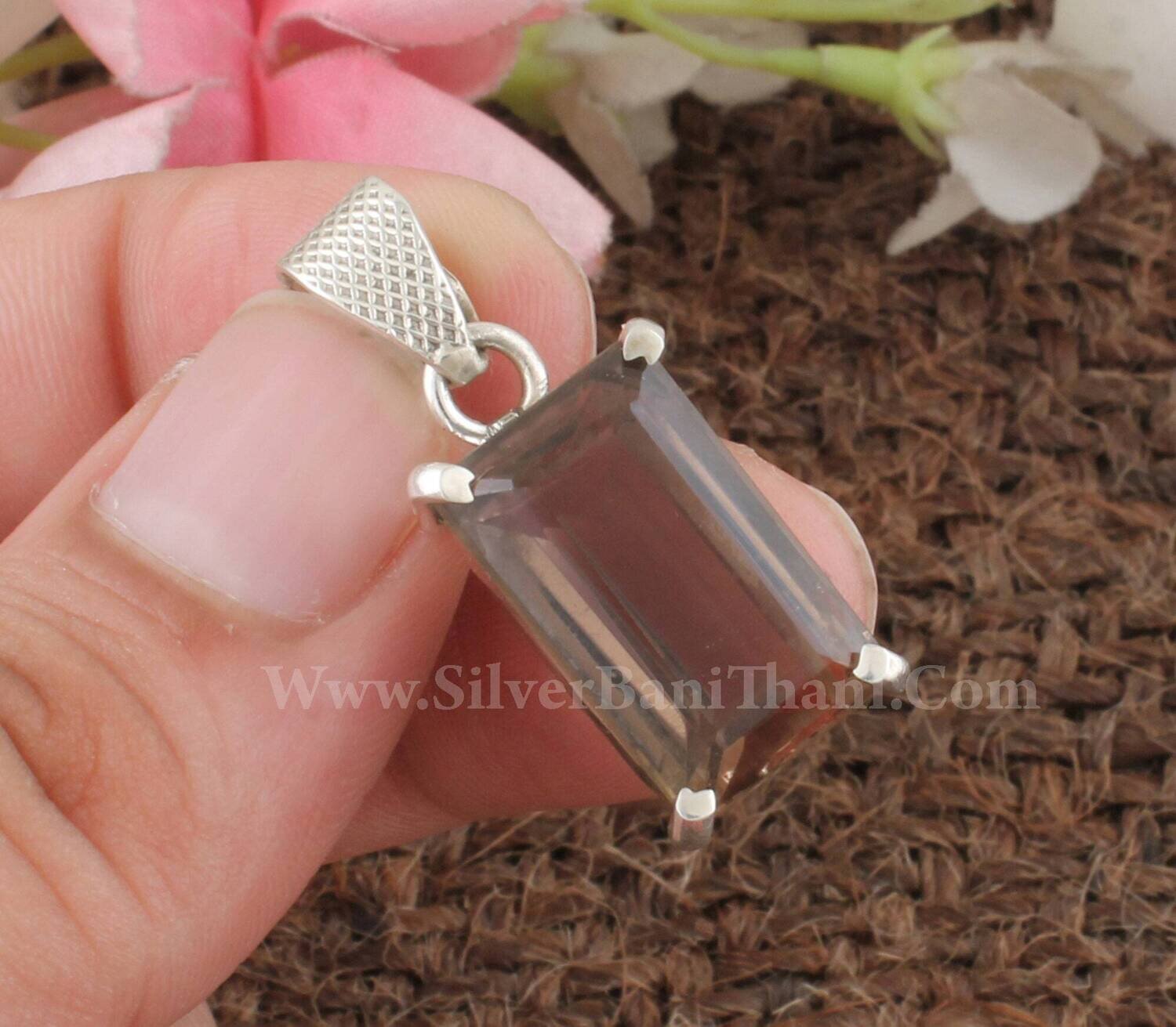 Smoky Quartz Prong Set Necklace Pendant | 925 Sterling Silver Emerald Cut Stone Pendant | Bridal Wedding Jewelry For Women Gift Idea