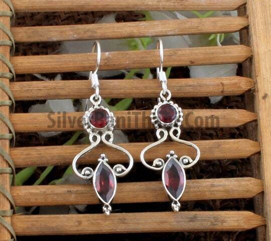 Red Garnet Silver Earrings | 925 Sterling Solid Silver Earrings | Designer Two Faceted Gemstone Earrings |Christmas Gift |January Birthstone