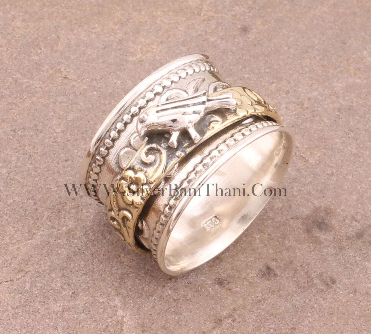 Birds Silver Flower Vine Spinner Ring Solid 925 Sterling Silver Band Ring Feather Ring Ring Boho Fidget Ring Two Tone Band Ring Women Gift