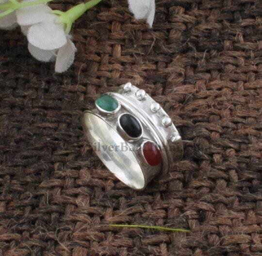 Spinner Ring-Three Stone Ring-Oval Cabochon Semi Precious Middle Finger Ring-Index Ring-Thumb Ring-Worry Ring-Fidget Ring-Gift For Her Etsy