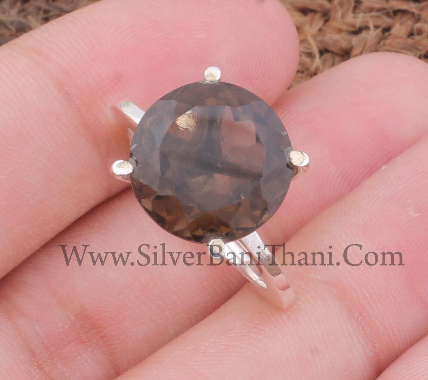 Prong Set Smoky Quartz Solid 925 Sterling Silver Ring For Women | Handmade Round Cut Solid Silver Ring For Wedding Anniversary Gift For Her