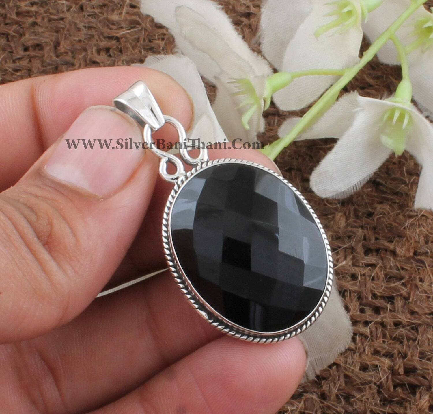 Black Onyx Pendant-Oval Stone Silver Pendant- Black Semi Precious Cut Stone Pendant-Solid Silver Pendant-Long Stone Pendant-Silveretsy Cyber