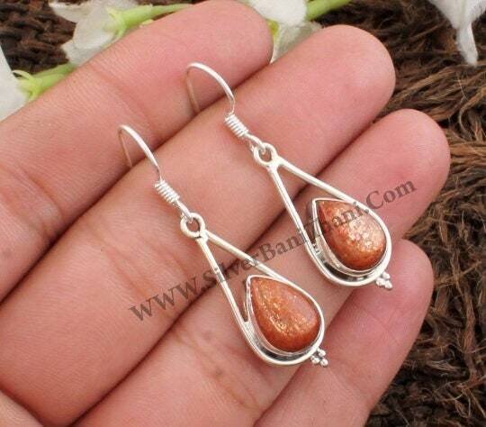 925 Sterling Solid Silver Natural Sunstone Silver Earrings | Designer Pear Gemstone Earrings | Handmade Jewelry | Women Earrings Gift Idea