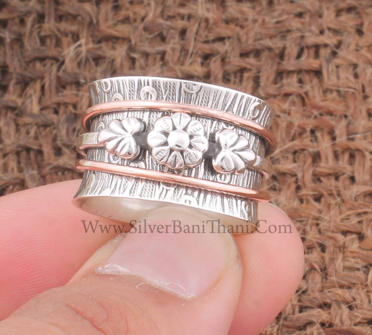 Solid 925 Sterling Silver &amp; Brass Carved Spinner Ring | Designer Flower Handmade Band Ring | Meditation Ring | Worry Ring | Boho Thumb Ring