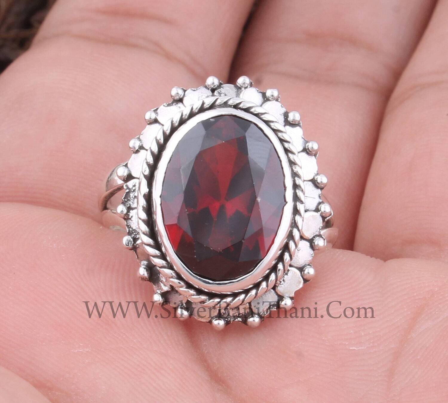 Red Cubic Zircon Oval Shape Stone Silver Ring | Solid 925 Sterling Silver Garnet Zircon Ring | Flower Design Handmade Women Wedding Jewelry