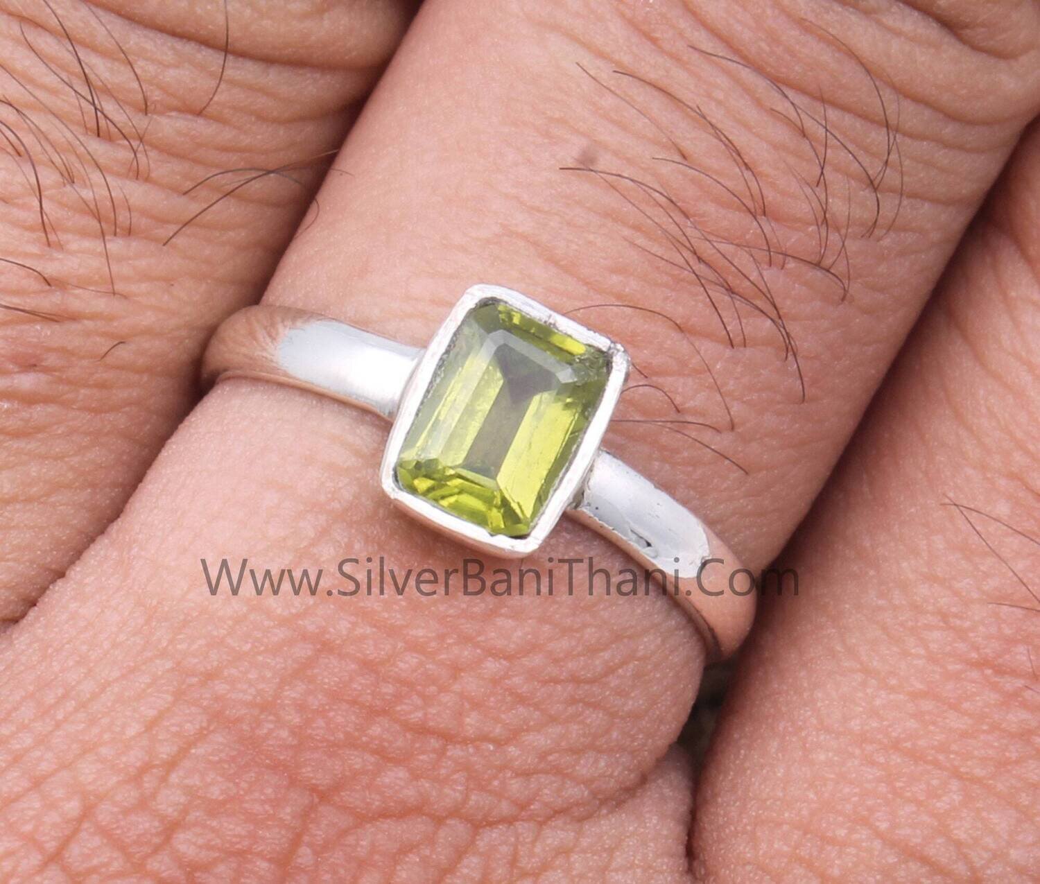 Peridot Solid 925 Sterling Silver Ring For Women | Handmade Baguette Cut Solid Silver Band Ring For Wedding Anniversary Gifts Idea