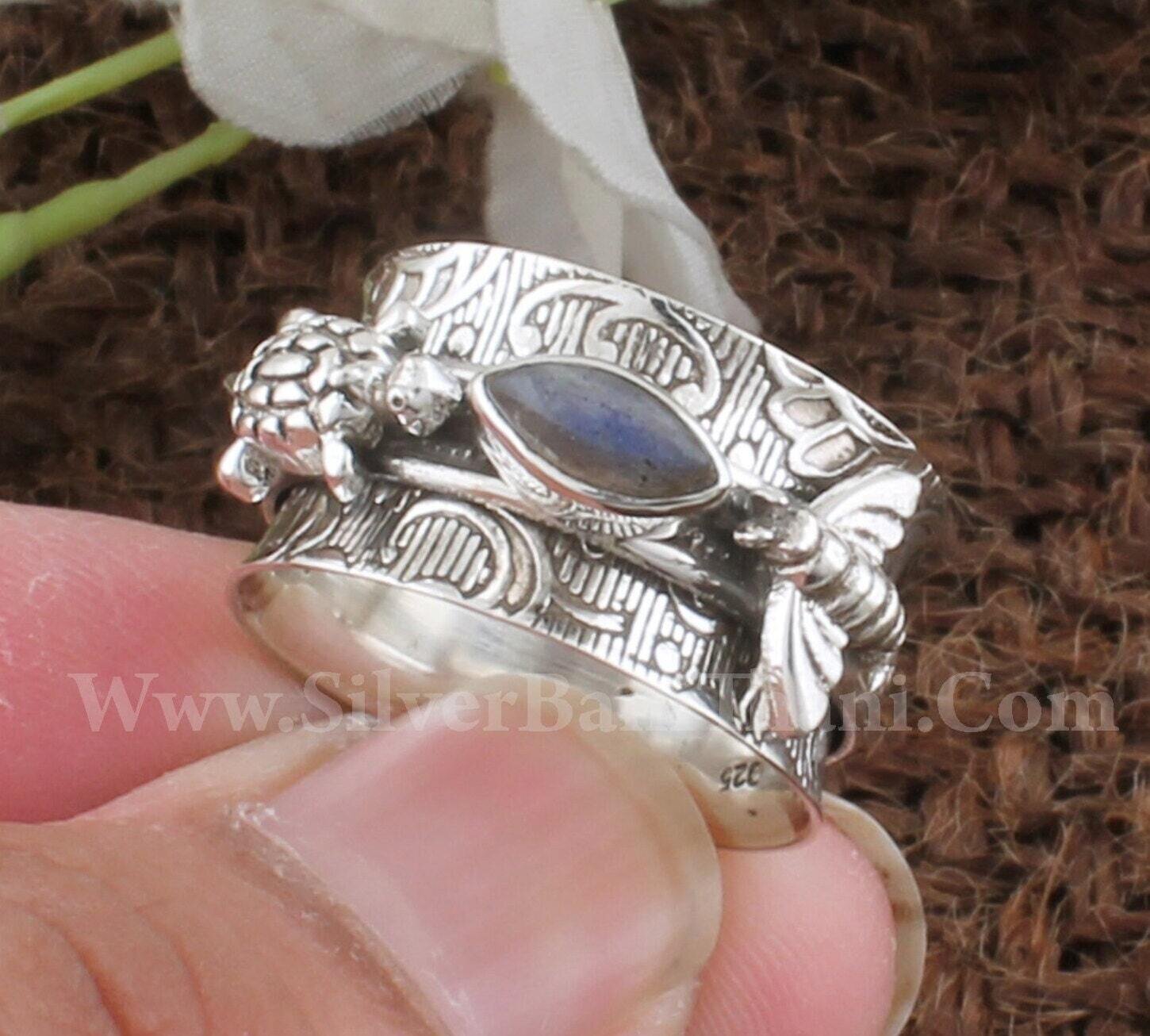Natural Labradorite Gemstone Silver Spinner Ring | 925 Sterling Silver Ring | Designer Hand Carved Honey Bee &amp; Turtle Silver Ring Gift Idea