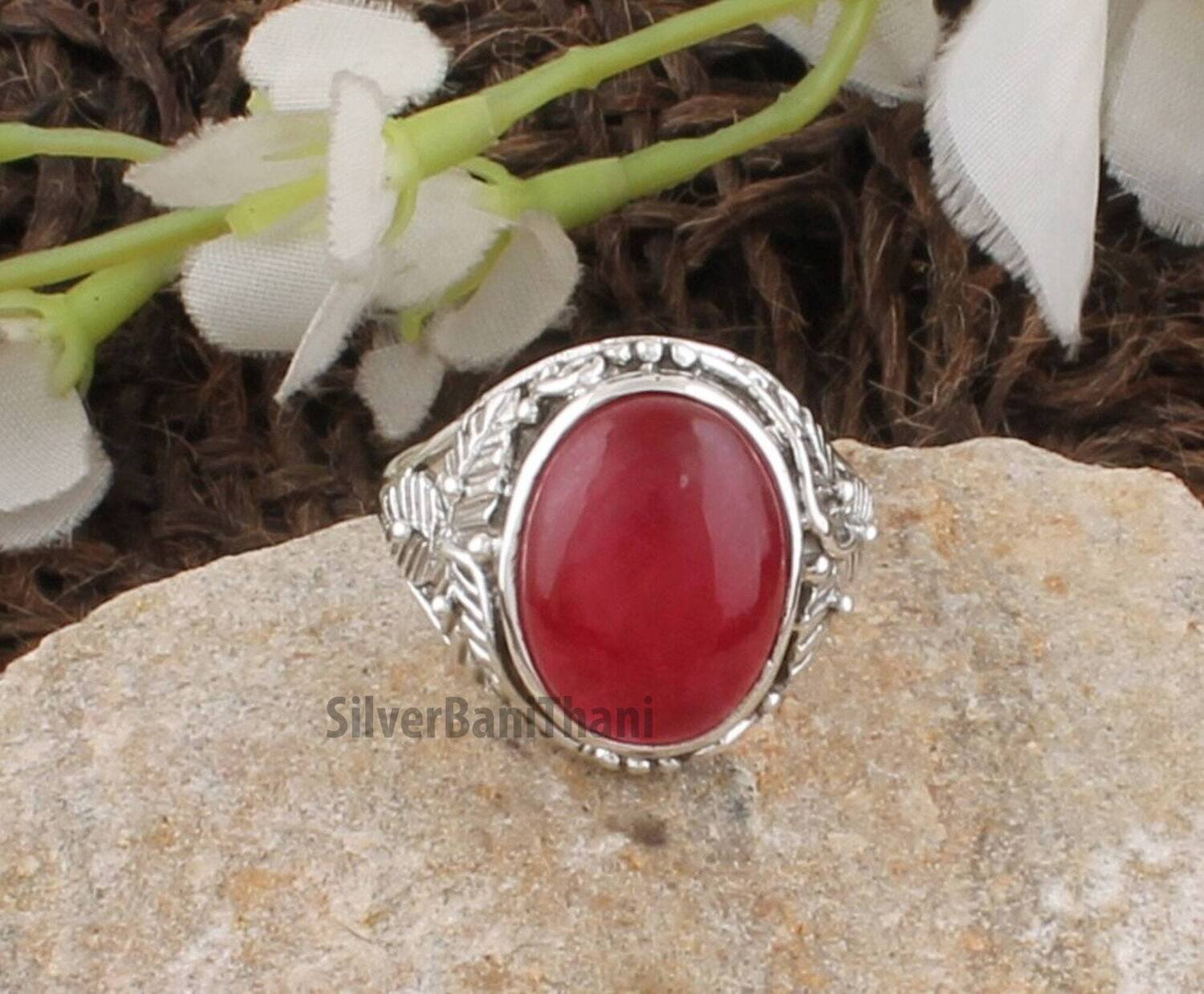 Pink Jade Oval Shape Gemstone Silver Ring | 925 Sterling Solid Carved Leaves Silver Ring | Handmade Jewelry | Valentine's Day Ring Gift Idea