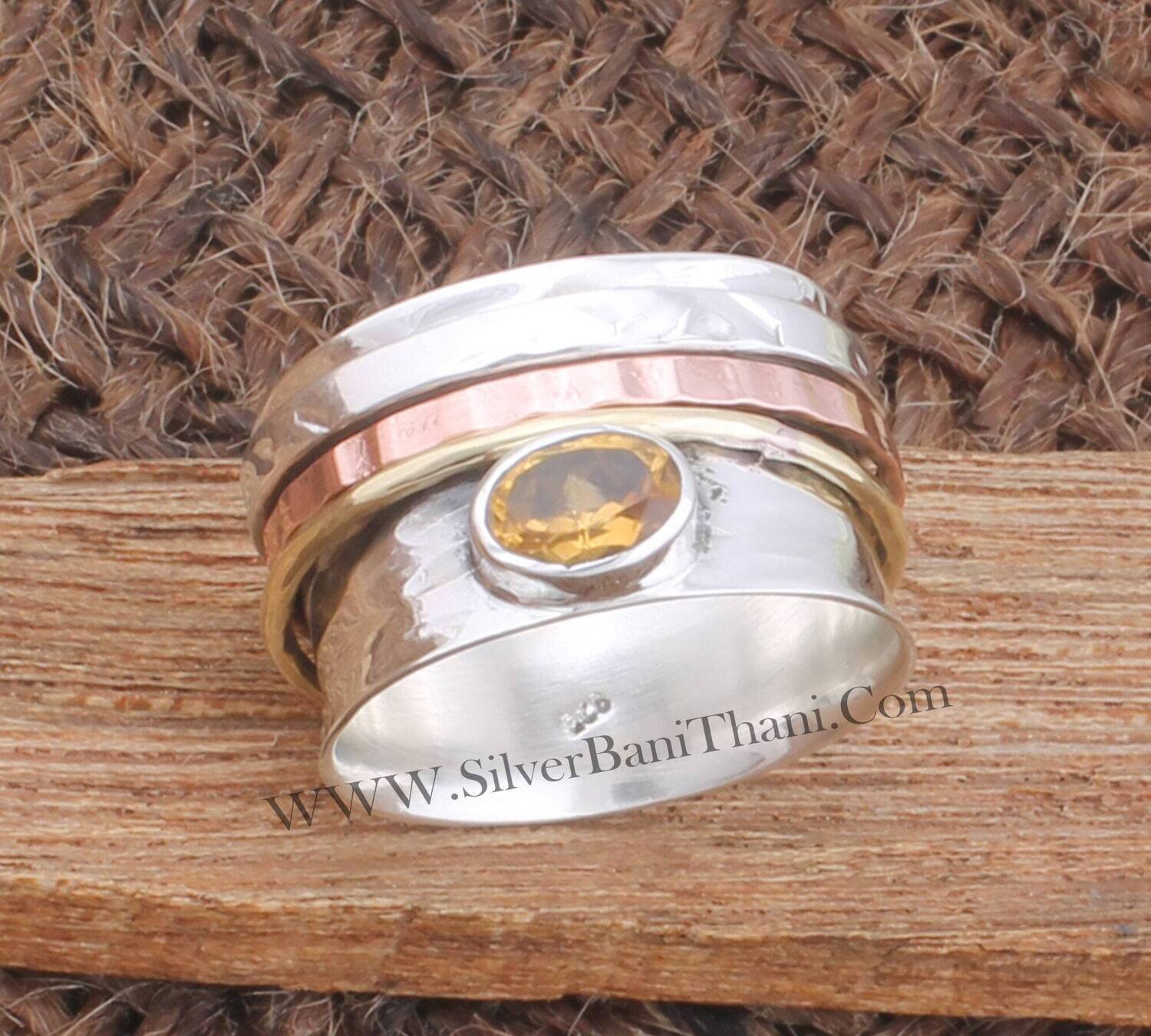 Citrine Gemstone Silver Spinner Ring 925 Sterling Silver &amp; Brass Ring Oval Cut Gemstone Ring Three Tone Worry Ring Birthday Jewelry Gift