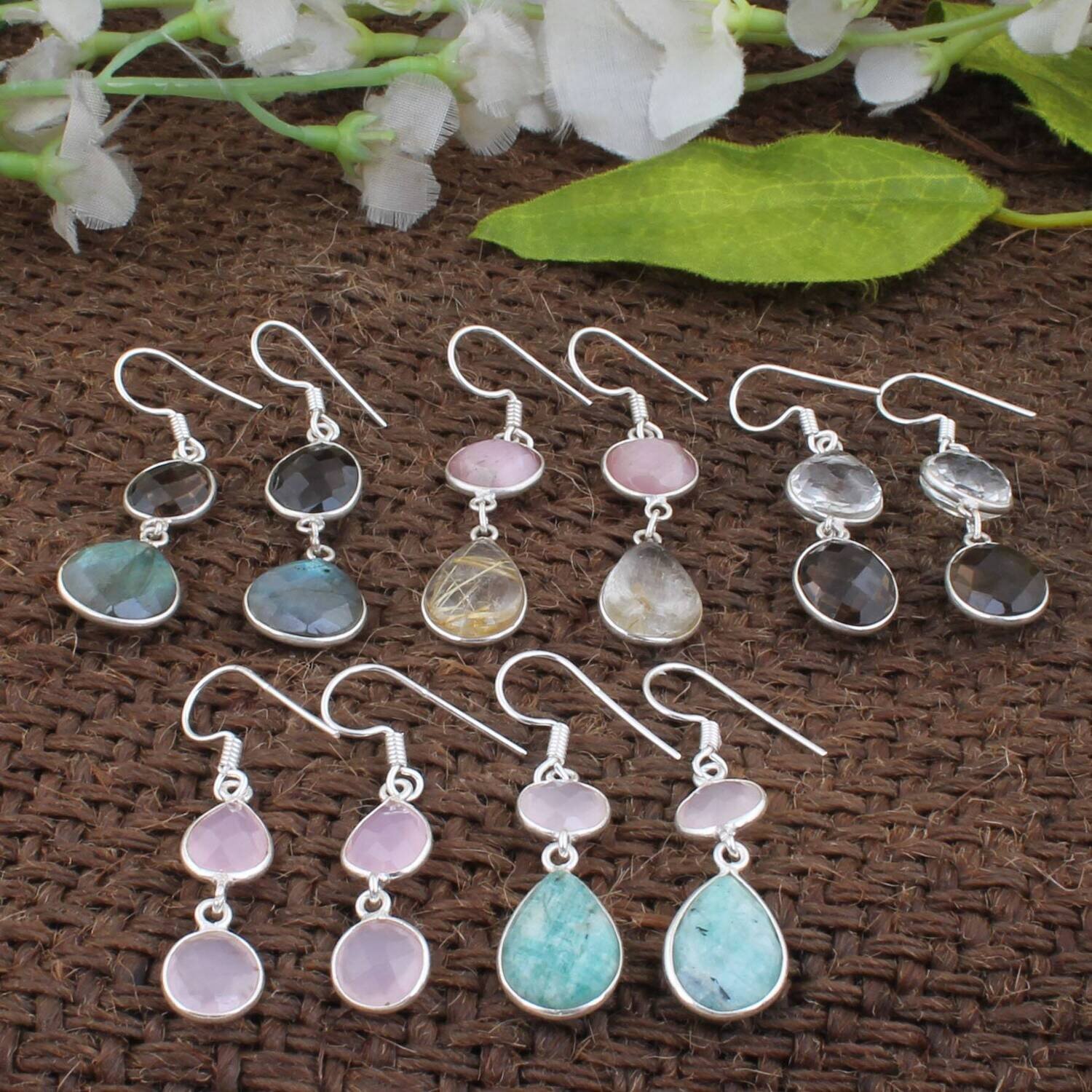 925 Sterling Silver Multi Stone Earrings Brazil Earrings | Two Stone Earring Semi Precious Stone Earrings | Gift For Her Solid Silver2022