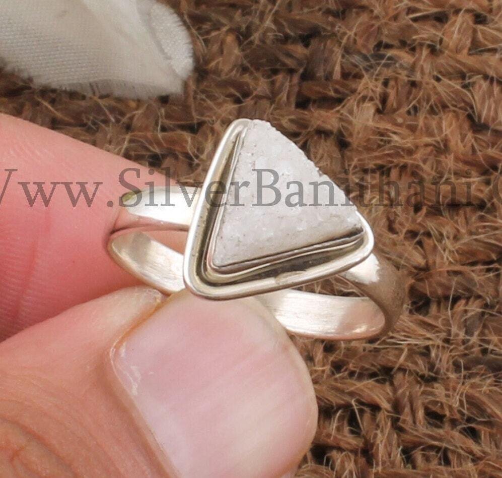 Triangle White Druzy Silver Ring | 925 Sterling Silver White Druzy Gemstone Ring | Solid Silver Ring For Wedding | Anniversary Gift Jewelry